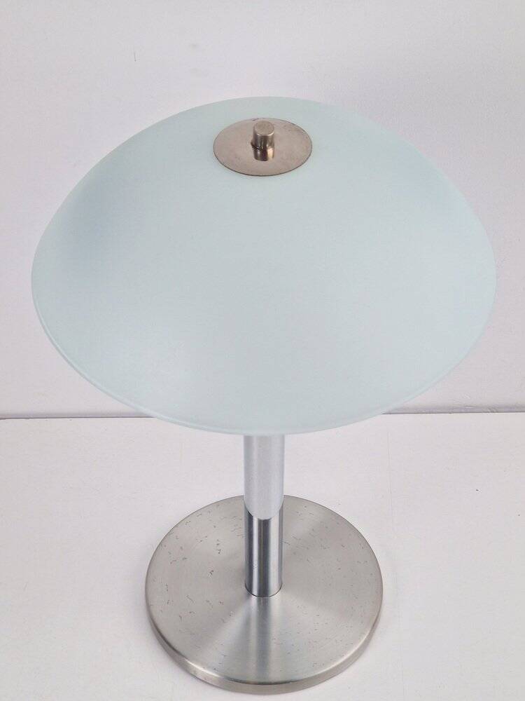 Mid-Century Mushroom Table Lamp in Sandblasted Glass, Stainless Steel & Chrome, 1960s