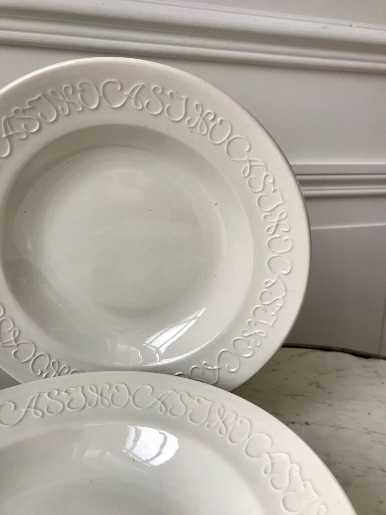 Set of 6 hollow plates Digoin Sarreguemines model Alphabet relief white 40s