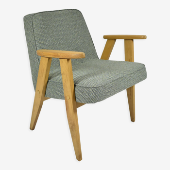 Vintage original armchair 366, restored, 1960s, designer J. Chierowski, green fabric, oak wood