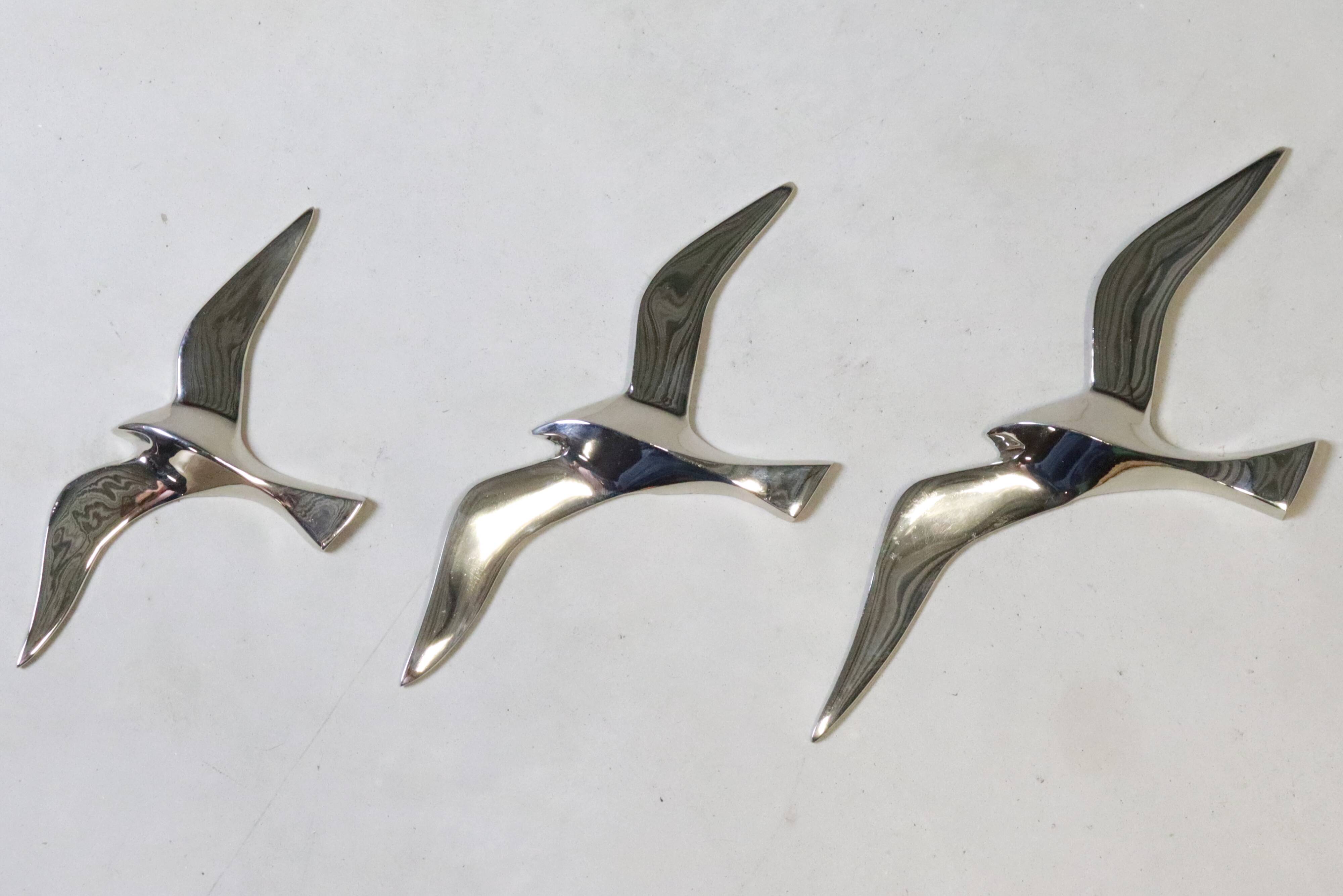 Set of 3 chrome gull birds, 15 - 20 -25 cm