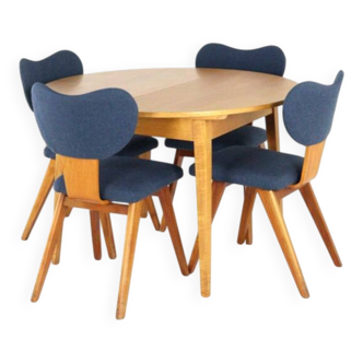 Dining set beech round dining table + 4 dining chairs 'Heart' - vintage