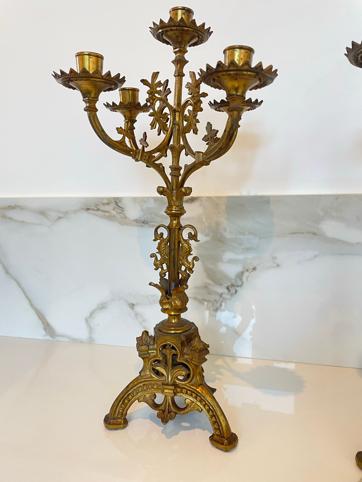 Pair of church candelabra - 19th century - in bronze and brass, 5 lights / c