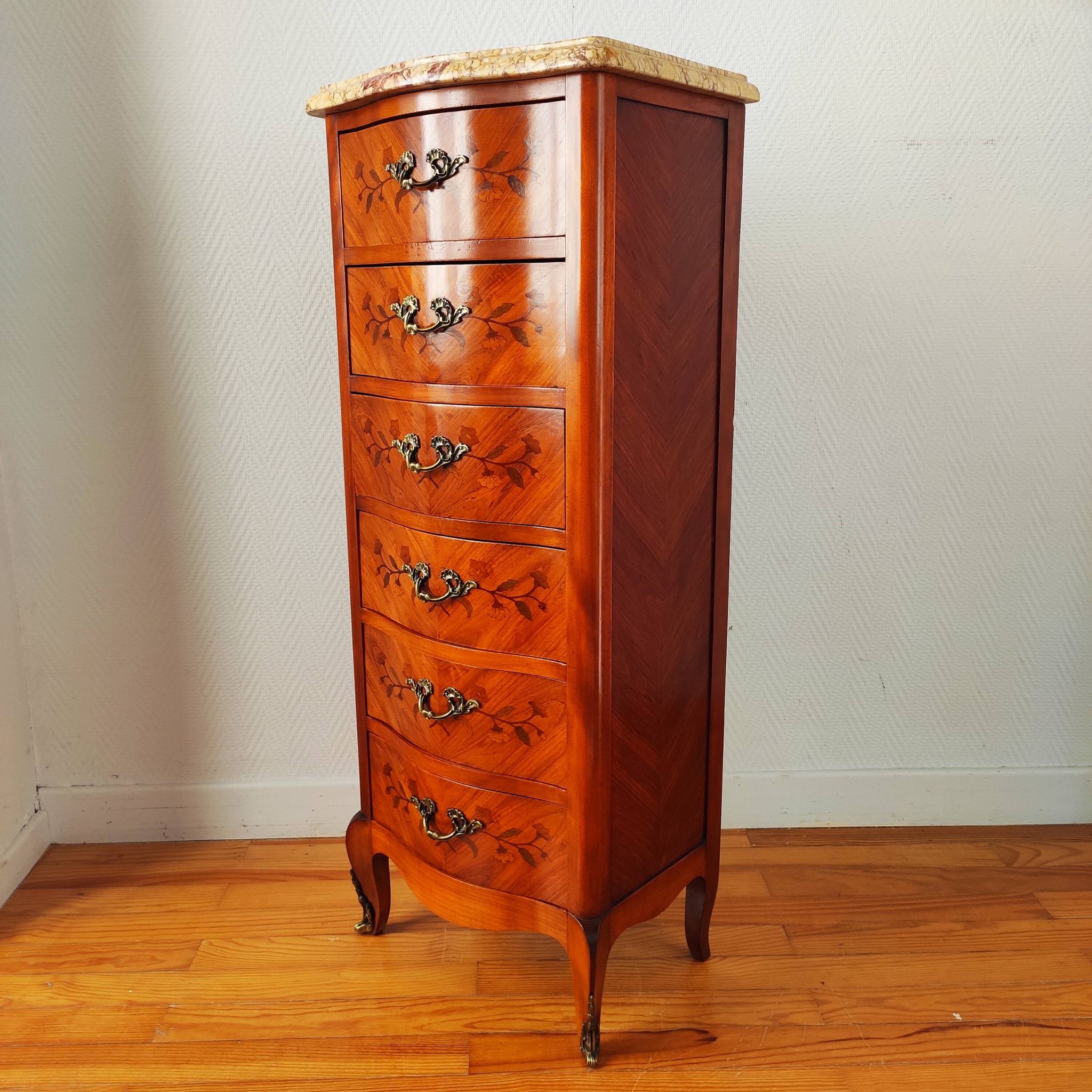 Curved chest of drawers in marquetry – marble top – Louis XV style