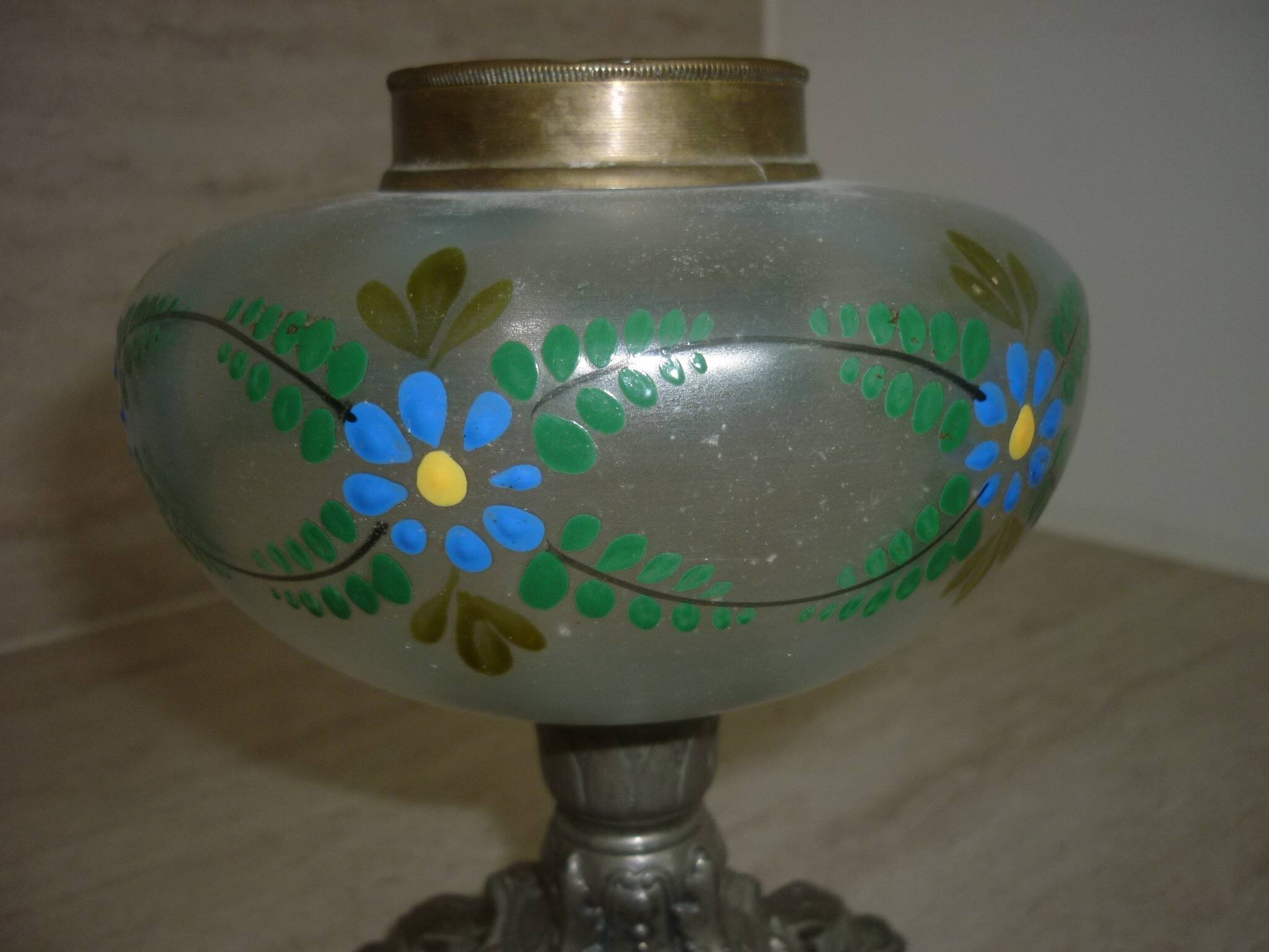Painted oil lamp vase on pewter stand from the 19th century