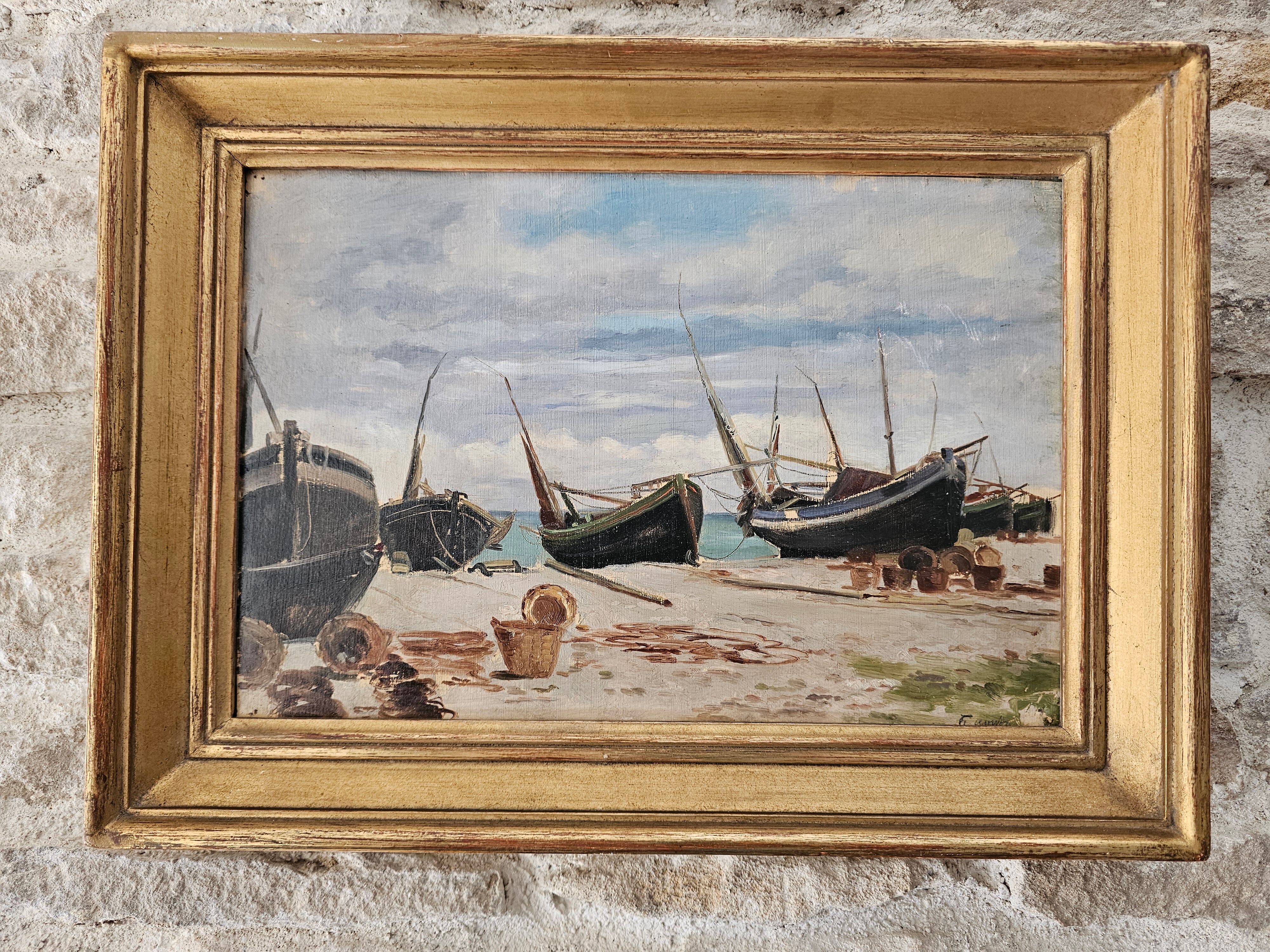 Oil on Panel - Marine Boats on Beach signed (to be identified)