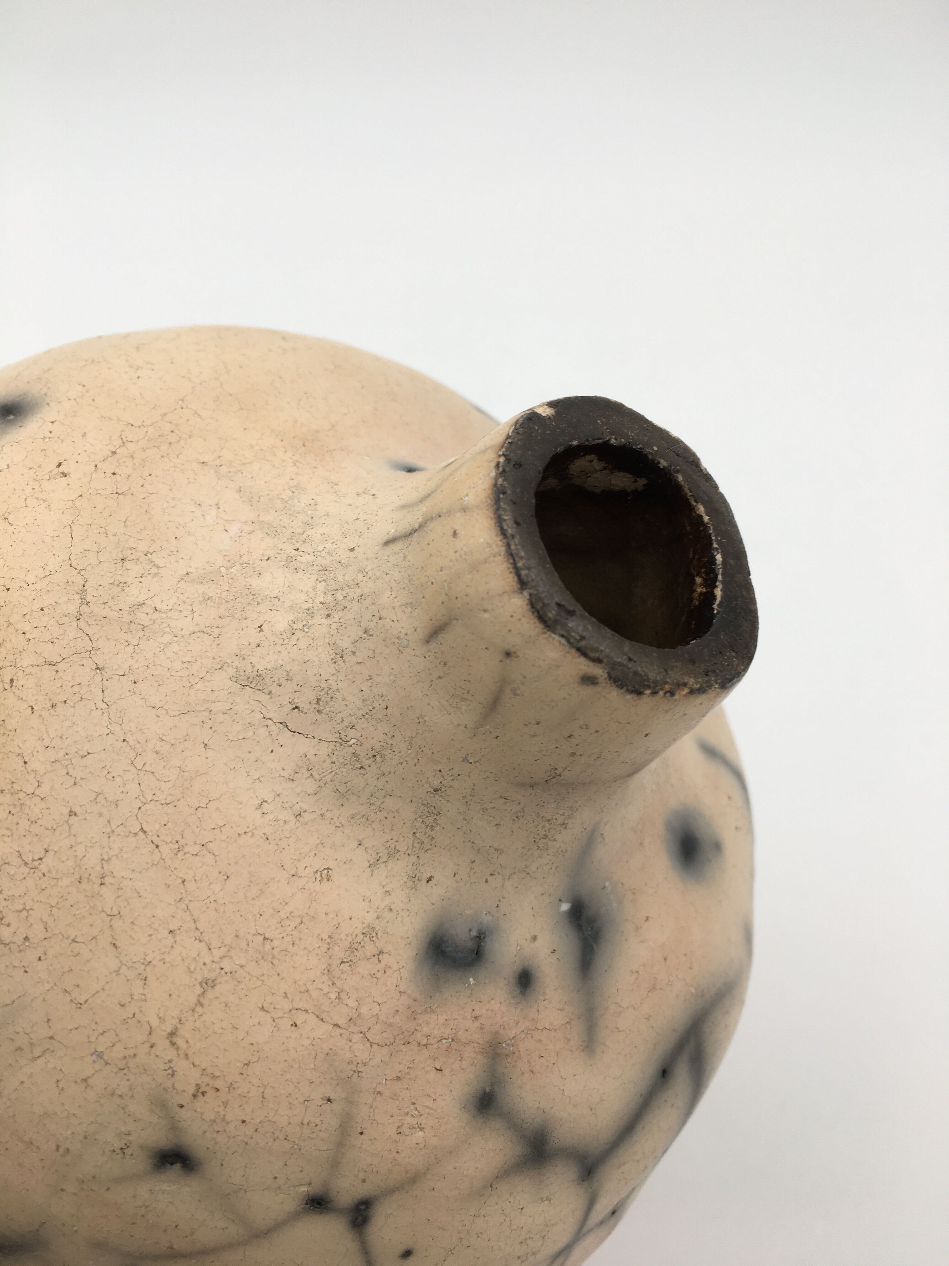 Raku ball vase, beige and black 20th century