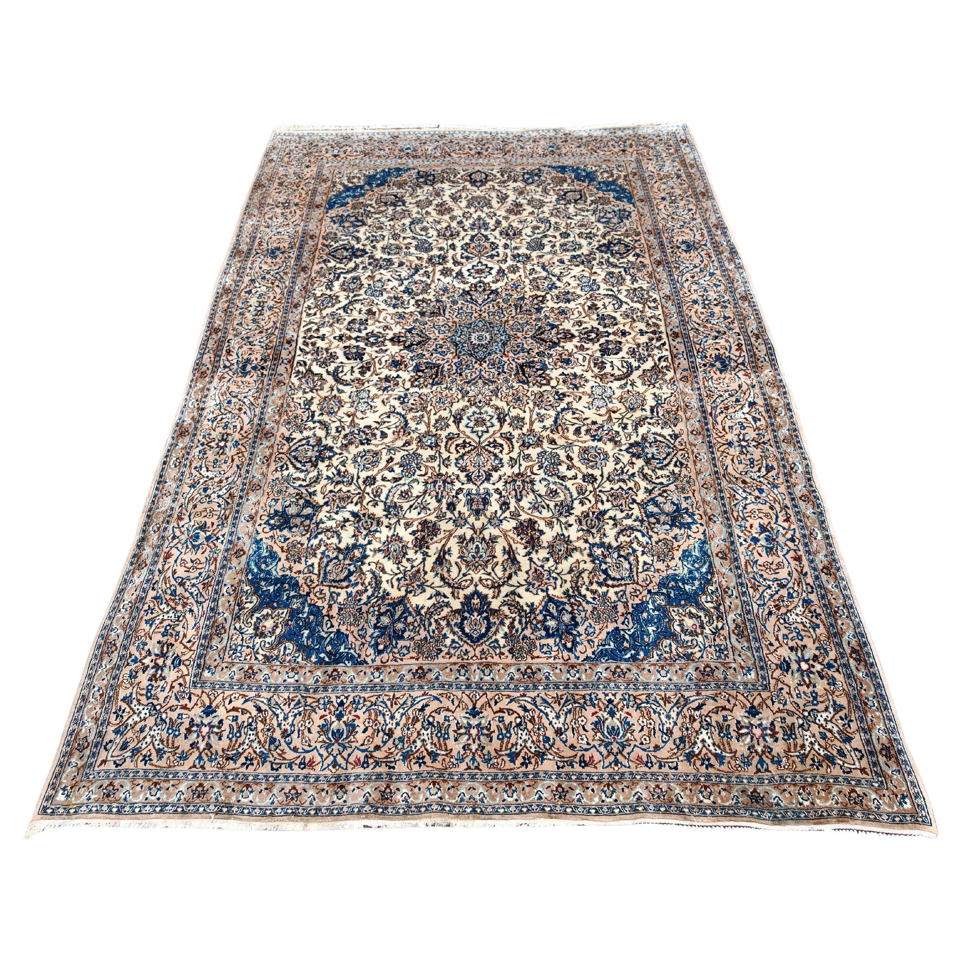 Vintage Persian Nain carpet, handwoven wool and silk from the 1940s.