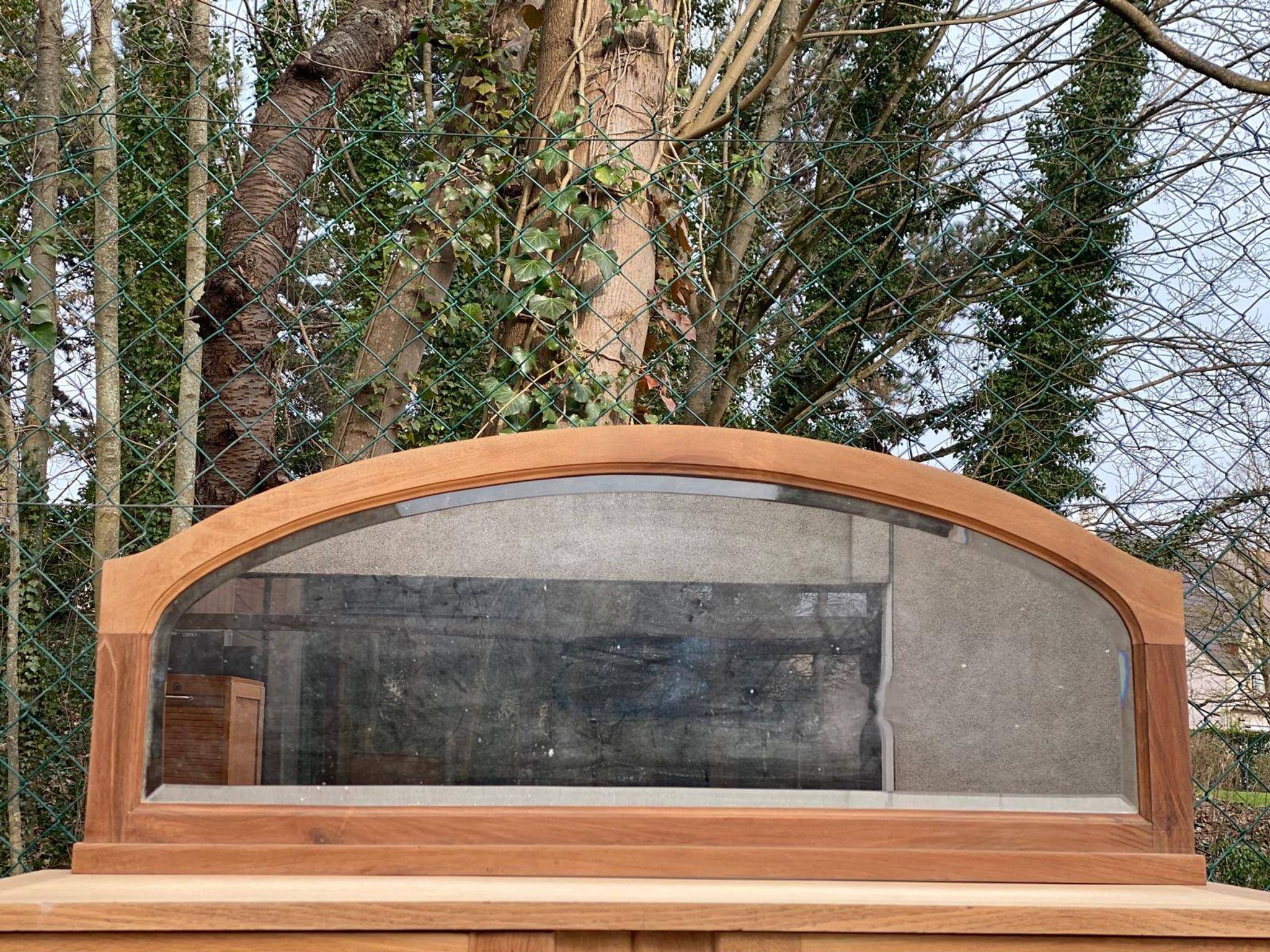 Art Deco mirror in carved arch renovated in solid raw oak wood 112cm