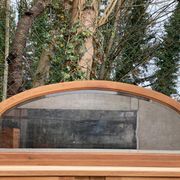 Art Deco mirror in carved arch renovated in solid raw oak wood 112cm