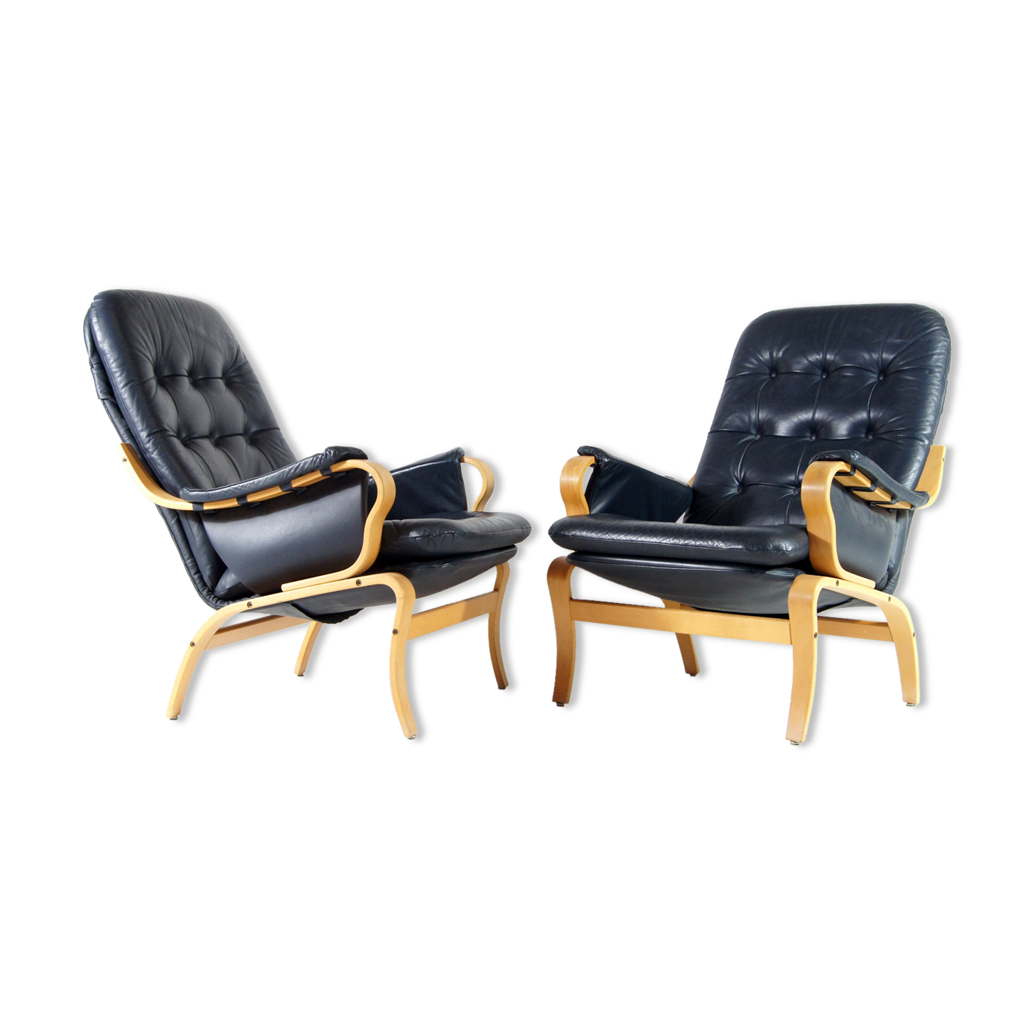 Pair of vintage leather lounge armchairs 70s