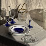 Small golden glass ice bucket with diamond point design and its scoop.