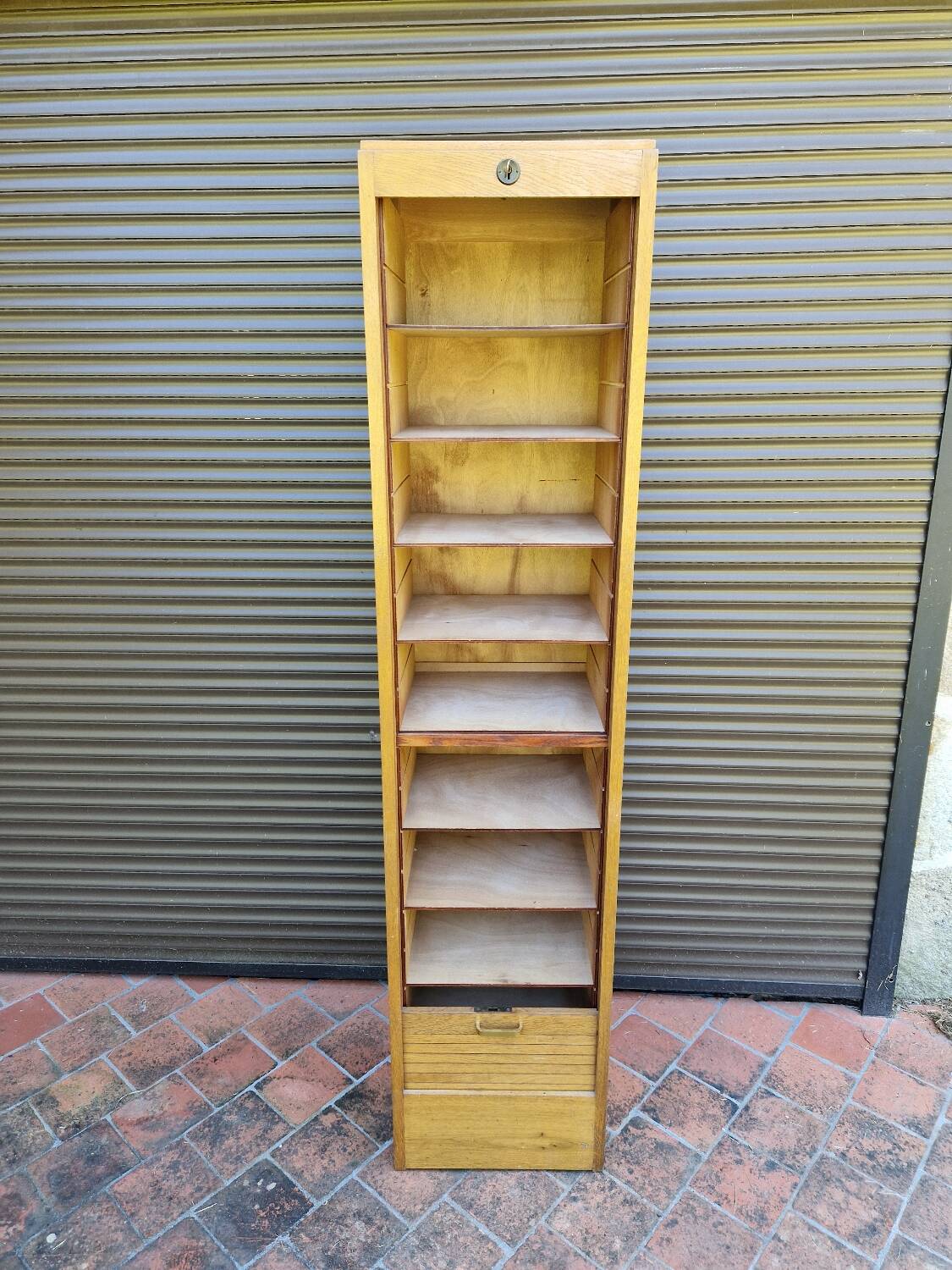 Large vintage 70s wooden curtain filing cabinet