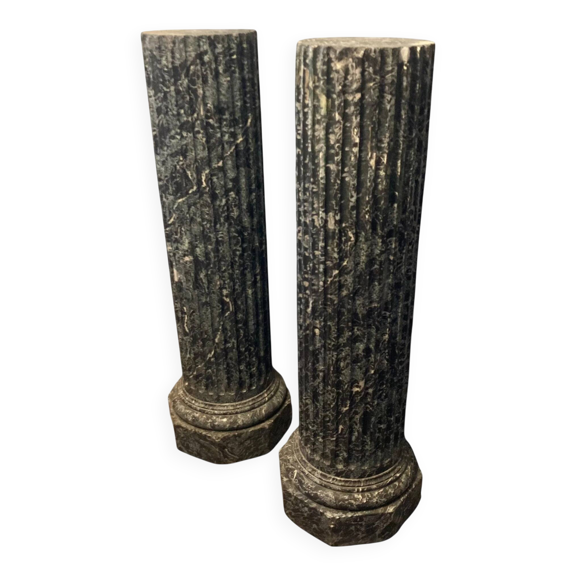 Pair of black and green scagliola columns from the 19th century.
