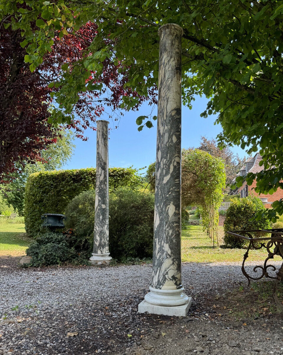 Pair of large green and white cipollino marble columns, 294cm high, Italy circa 1880