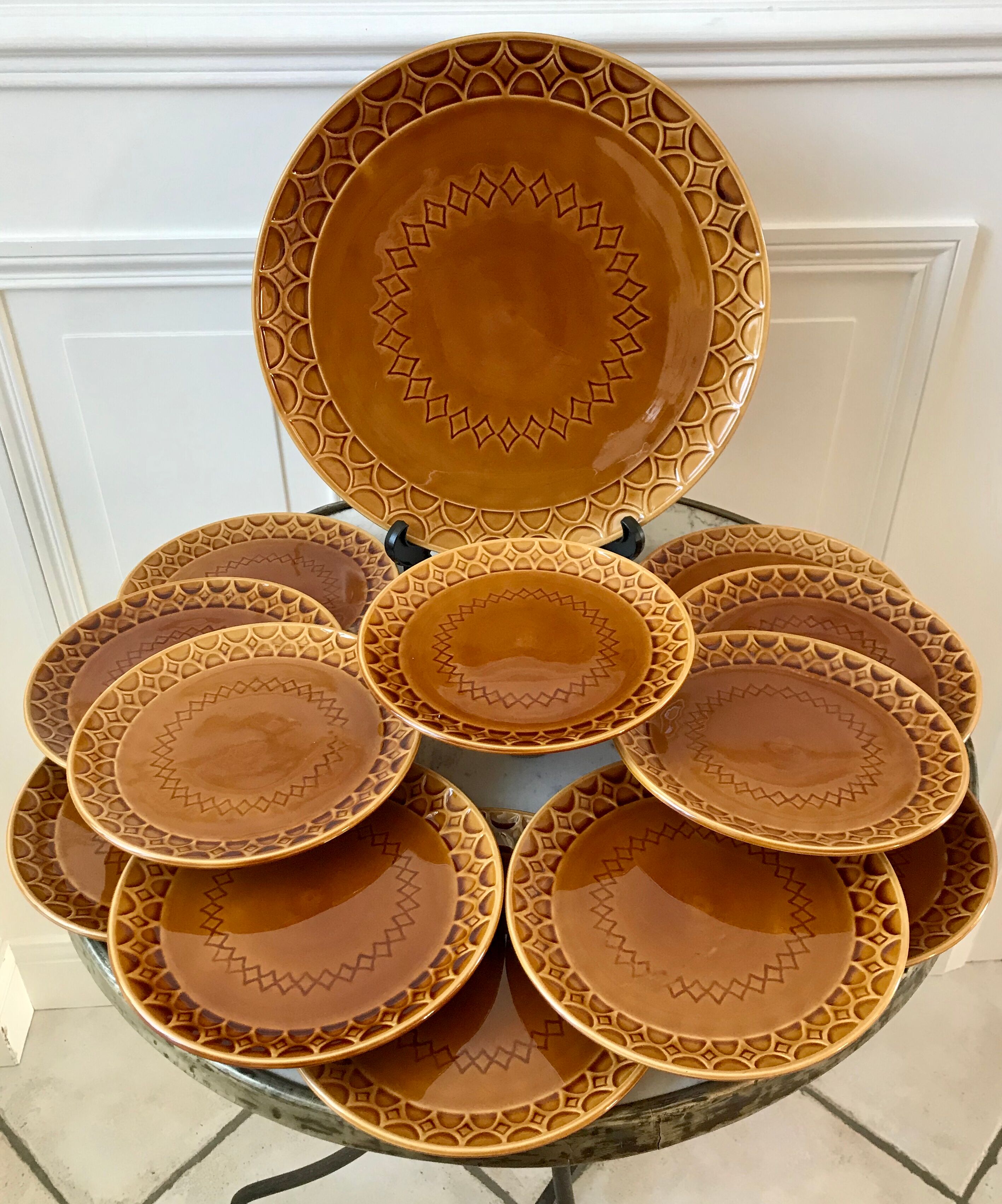 Dessert service Sarreguemines in slurry flat cake and 12 dessert plates 60s