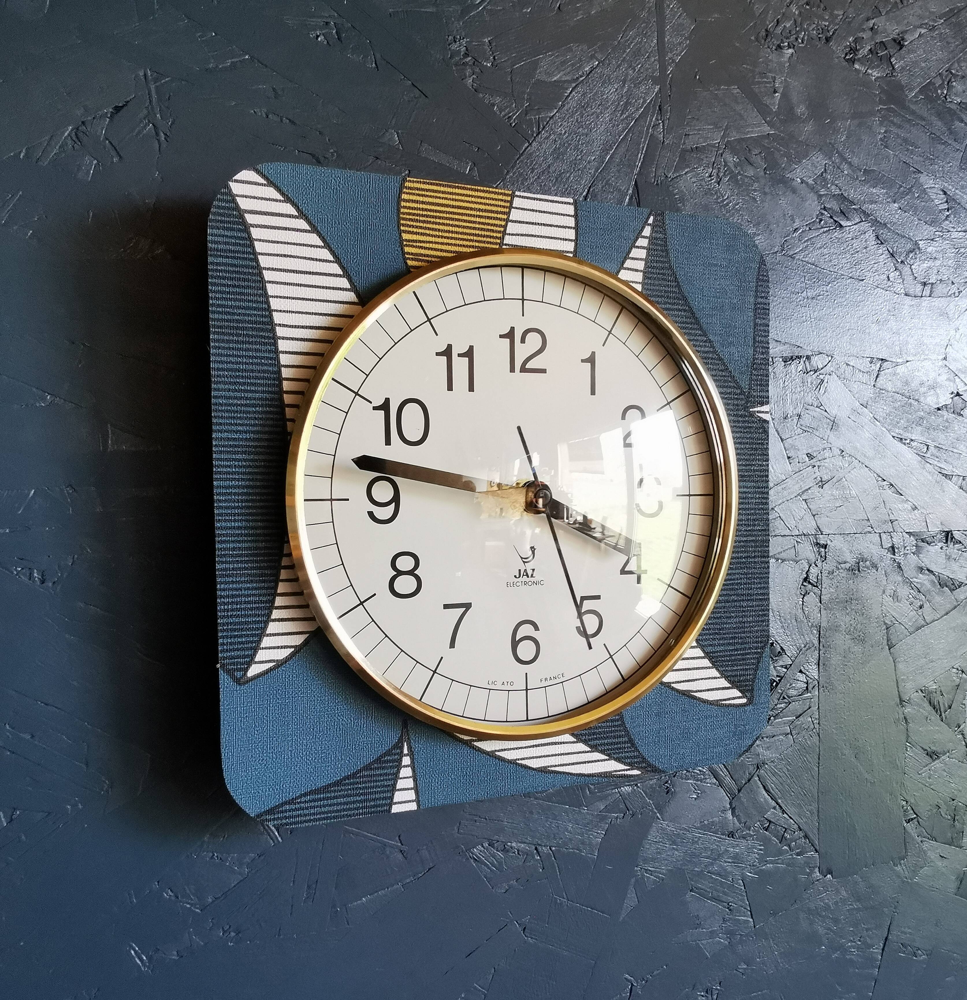 Square silent vintage wall clock clock "Jaz blue white ochre"