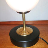 Table lamp wood, brass and frosted white glass globe, 1960