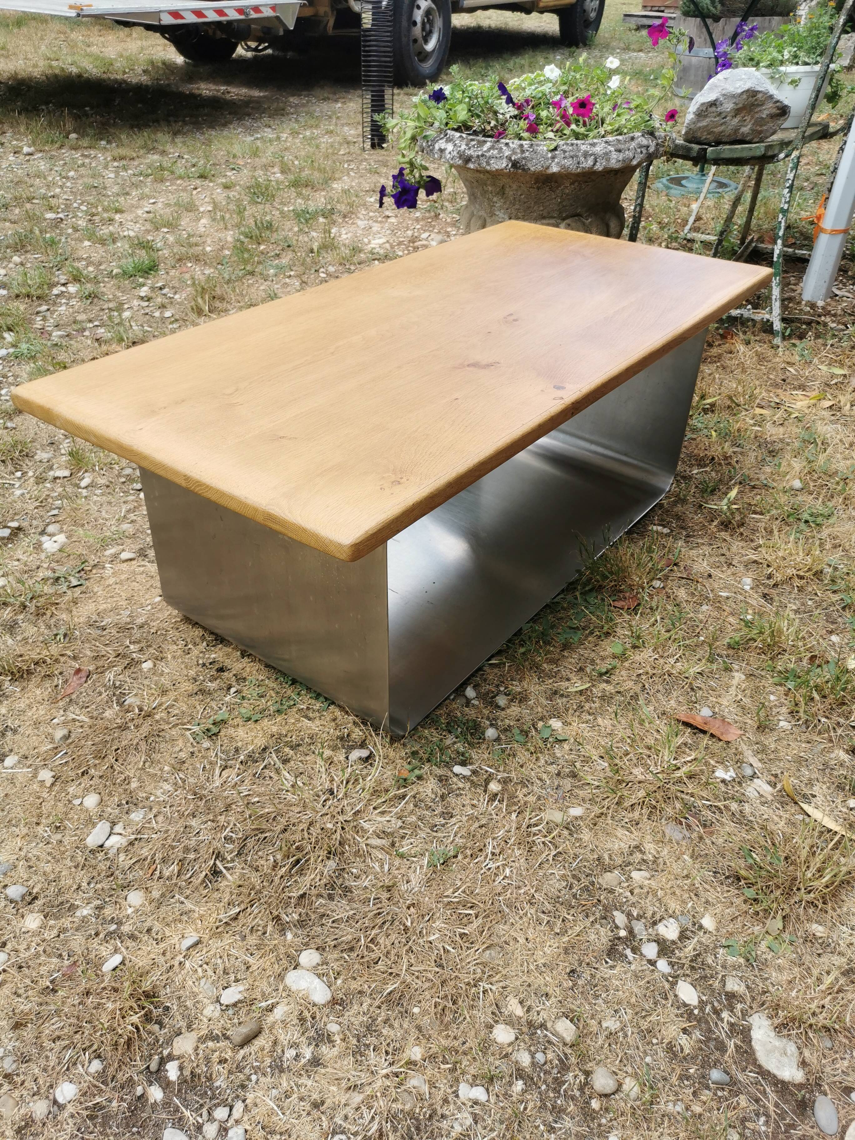Designer coffee table in brushed stainless steel and light-tinted solid oak top