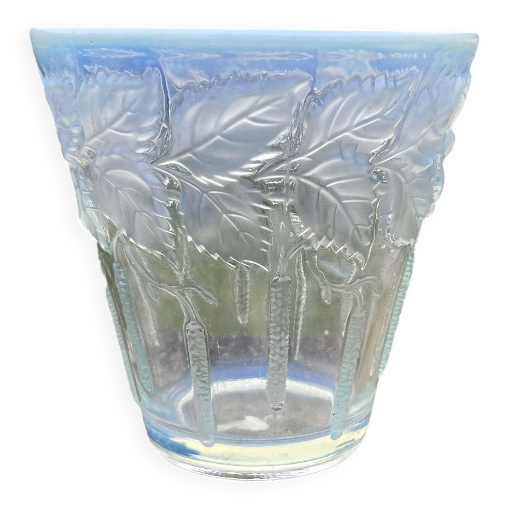 Opalescent glass vase moulded with leaf and catkin decoration – in the style of Lalique.