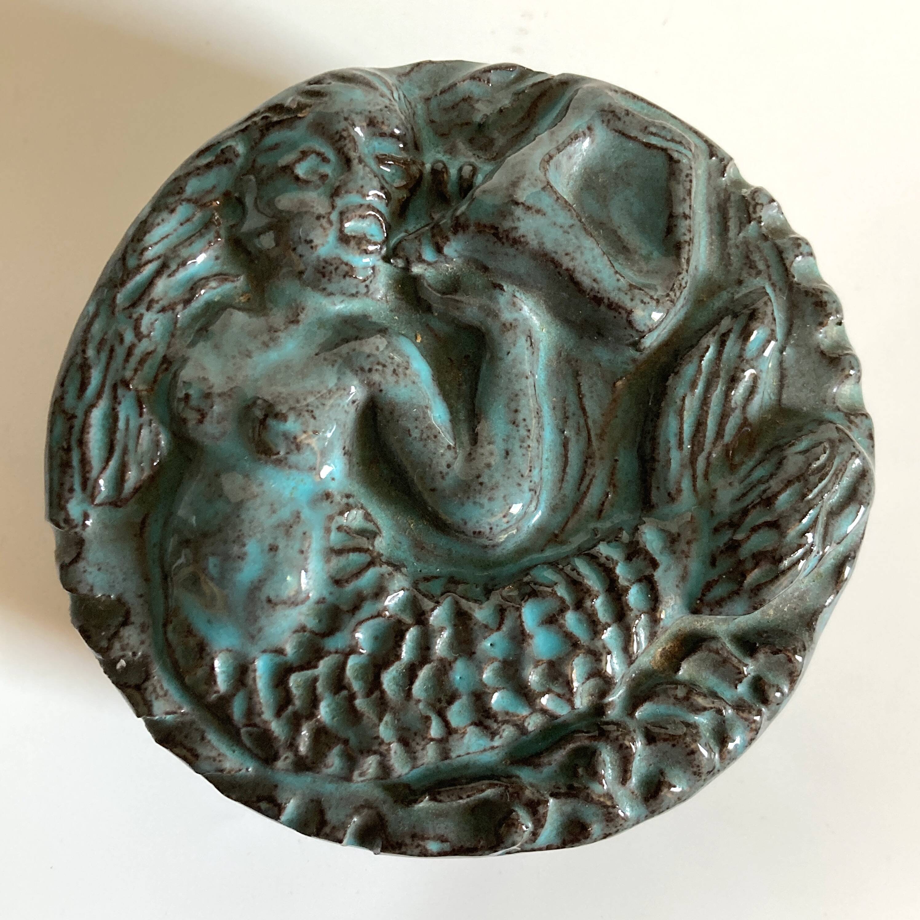 Green-blue enameled ceramic (stoneware) candy box with mermaid decoration, mid-20th century