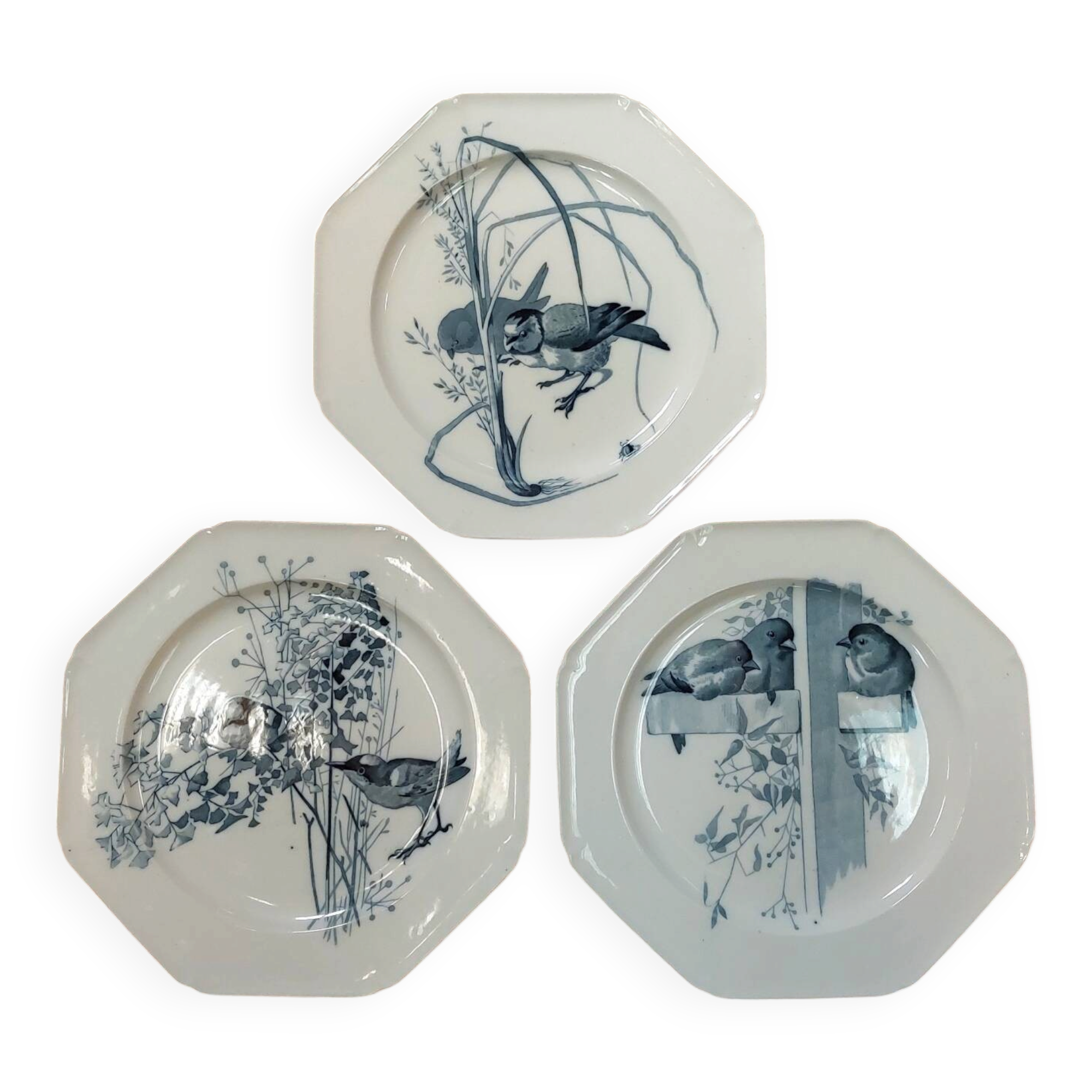 Set of three blue ironstone flat plates.