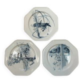 Set of three blue ironstone flat plates.