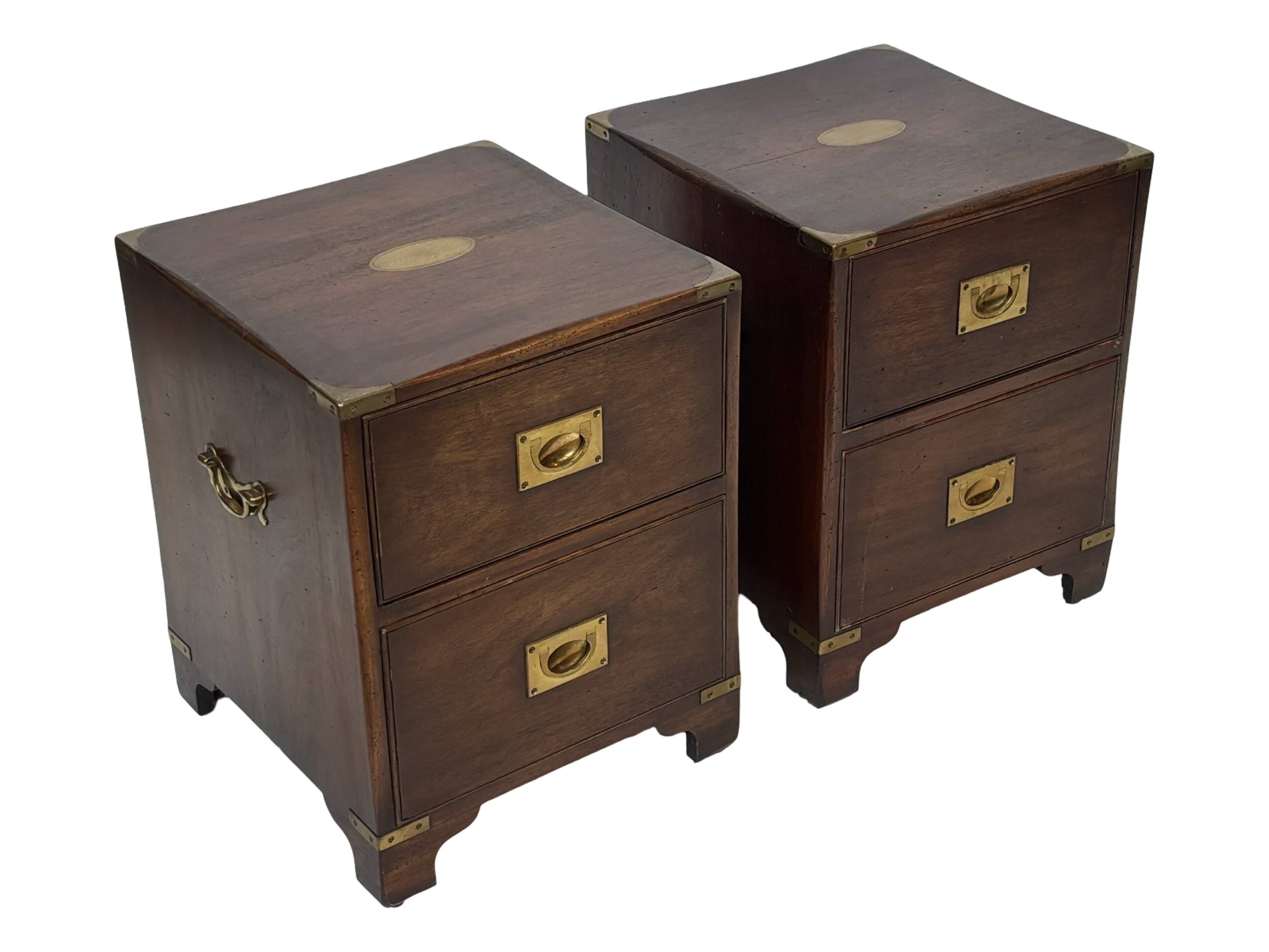 Vintage set of wooden bedside tables in military campaign style design