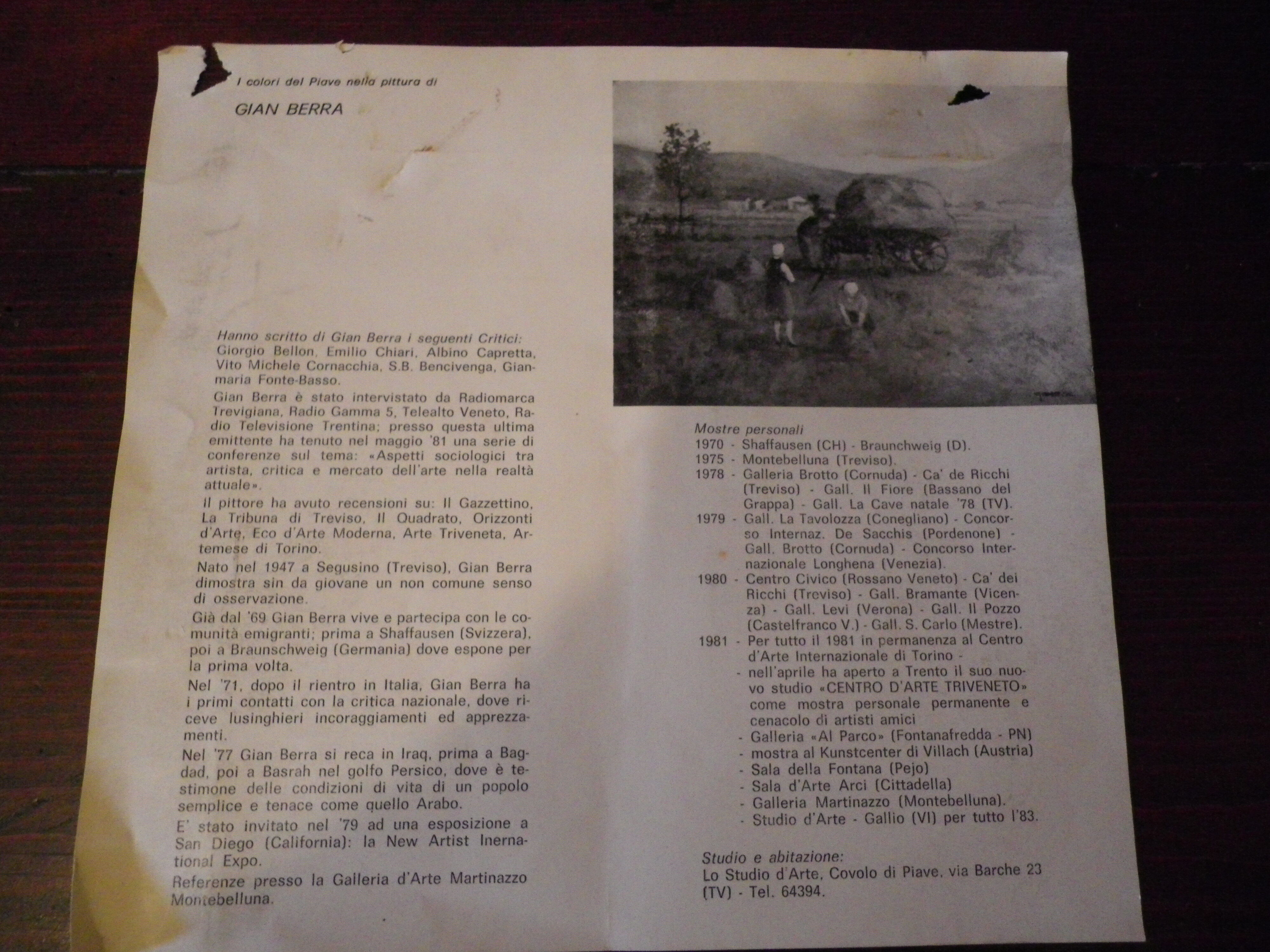 Painting by Gian BERRA with autograph letter signed on the back, contemporary painter - Italy