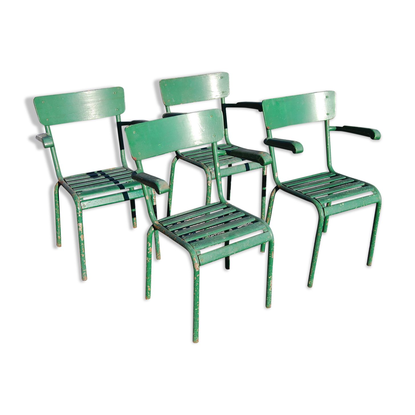 4 stackable garden armchairs wooden slats and metal tubes from the 50s