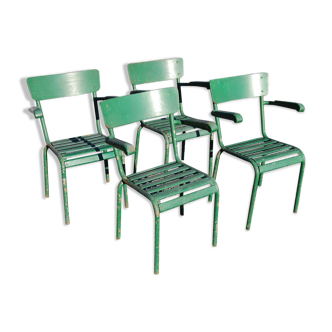 4 stackable garden armchairs wooden slats and metal tubes from the 50s