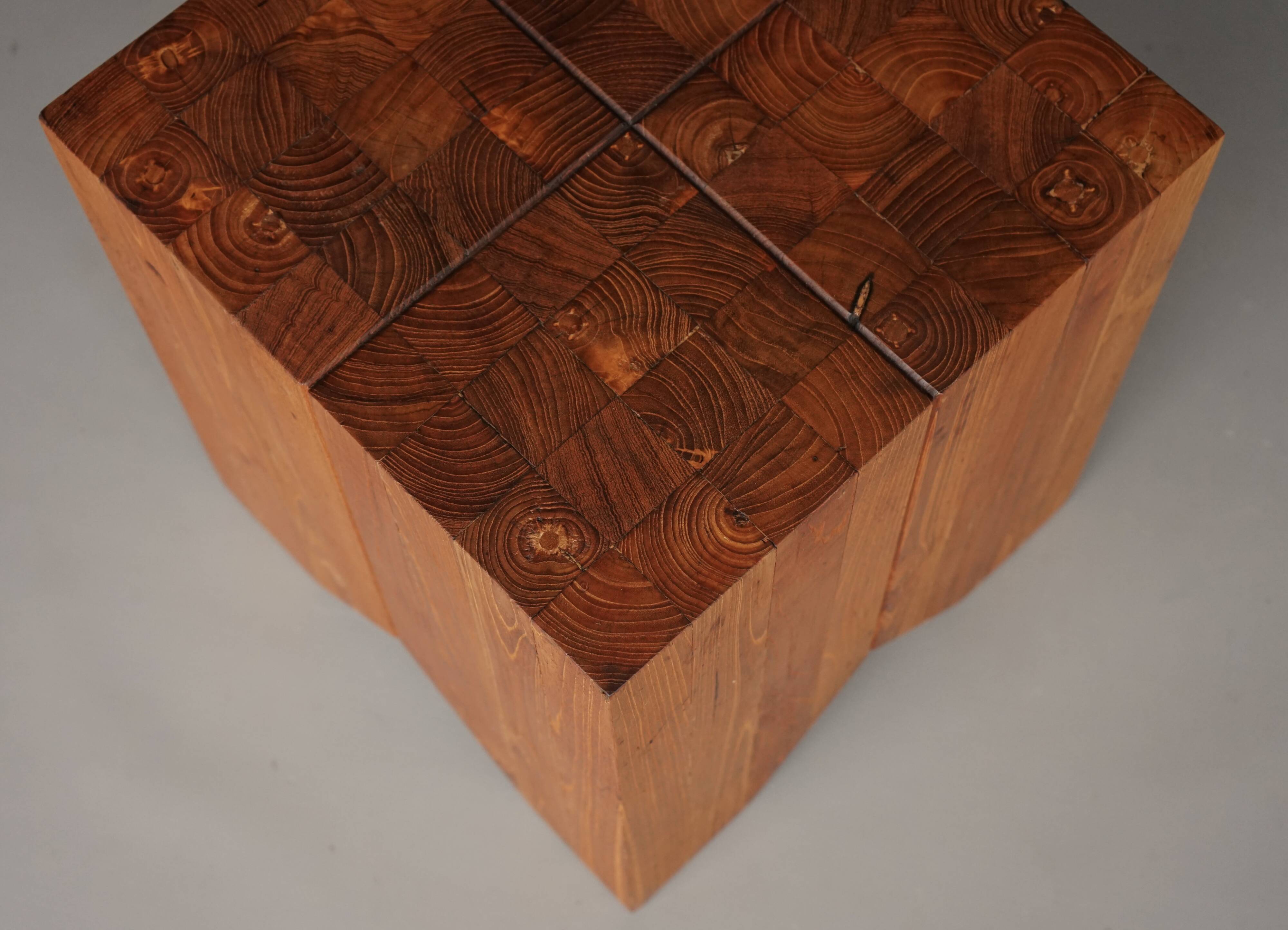 Brutalist solid Teak wood Stool or Side Table. 1990s