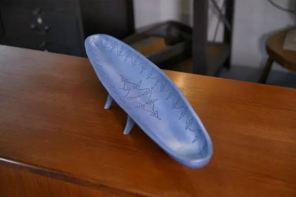 Long blue ceramic signed Atelier Mornac 1950s