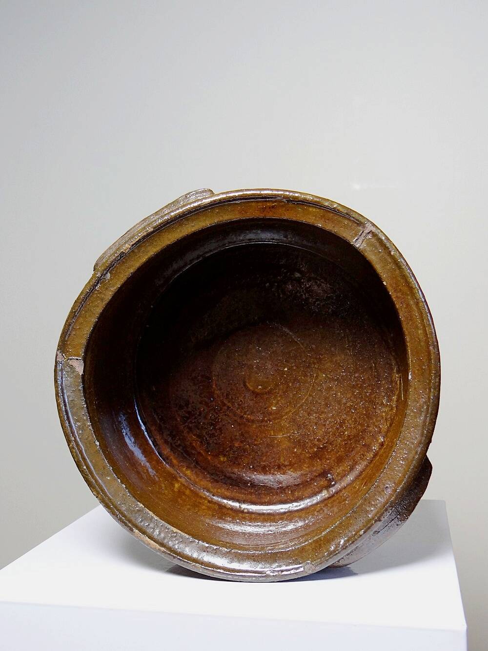 Antique 20th century enamelled Puisaye stoneware pot/bowl with ears