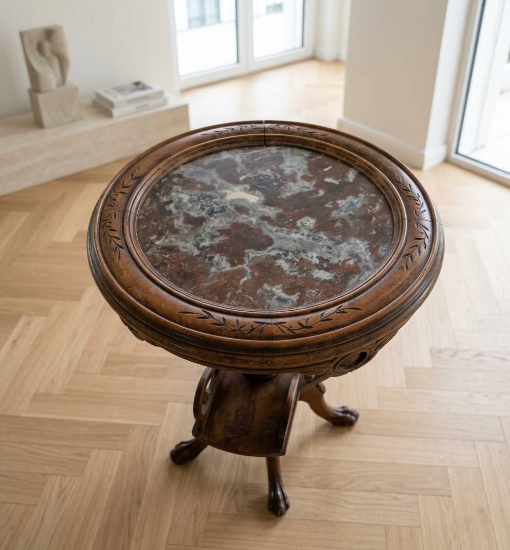 A Side Table / Stand in Walnut - Red Marble - Rotating Top