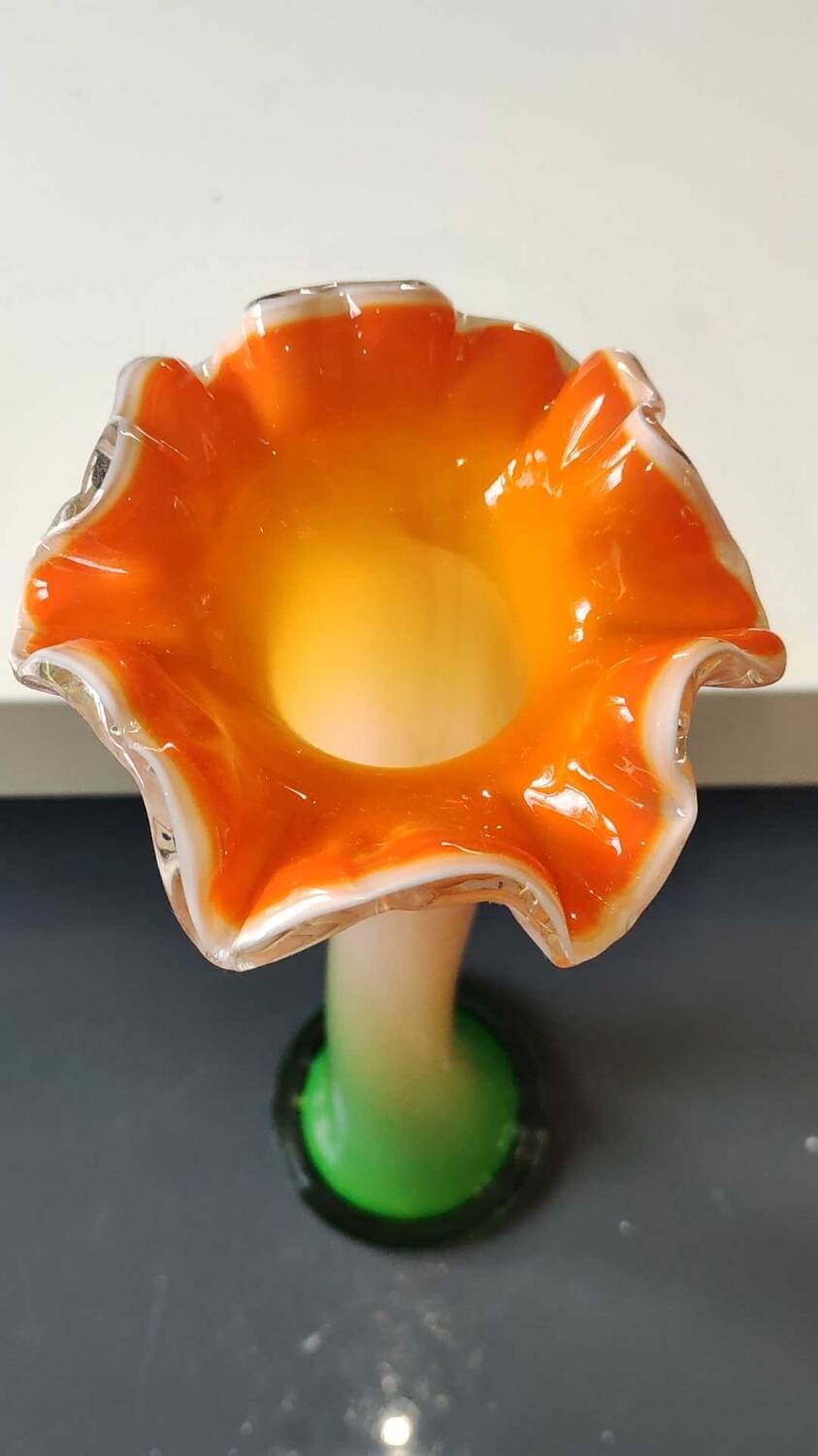 Large Floral Shaped Vase/Ruffled Neck. Blown/opaline art glass. Green/orange tones. Height 39.5 cm