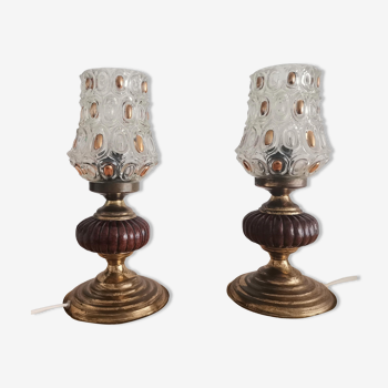 Pair Mid Century glass and porcelain bedside table lamps