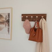 Vintage wall coat rack with 5 ceramic hooks featuring floral patterns - wood