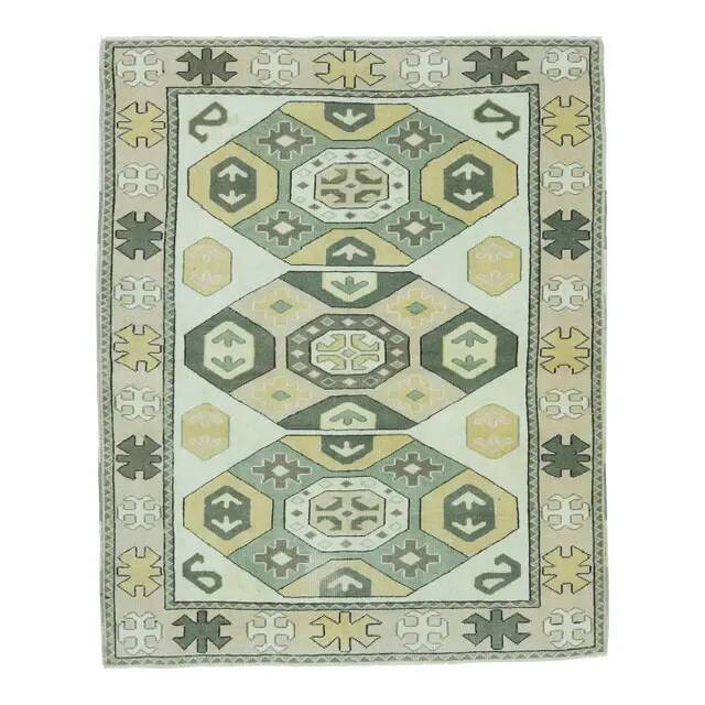 1970s vintage Turkish Oushak handmade wool cotton green area rug 164x207