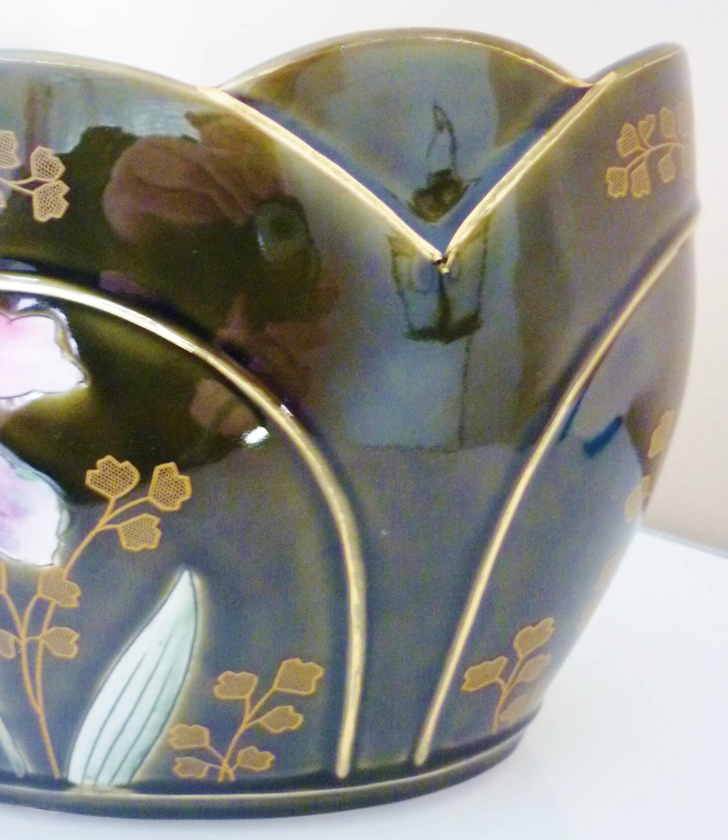 Planter, art nouveau, iris, enameled ceramic, signed Gustave De Bruyn, Fives-Lille