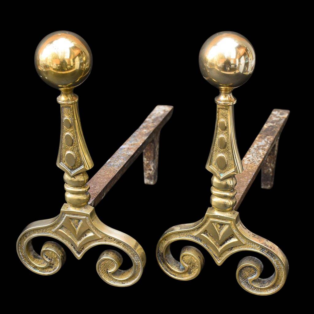 Gilded bronze andirons with rounded ball and patterns, antique fireplace accessory