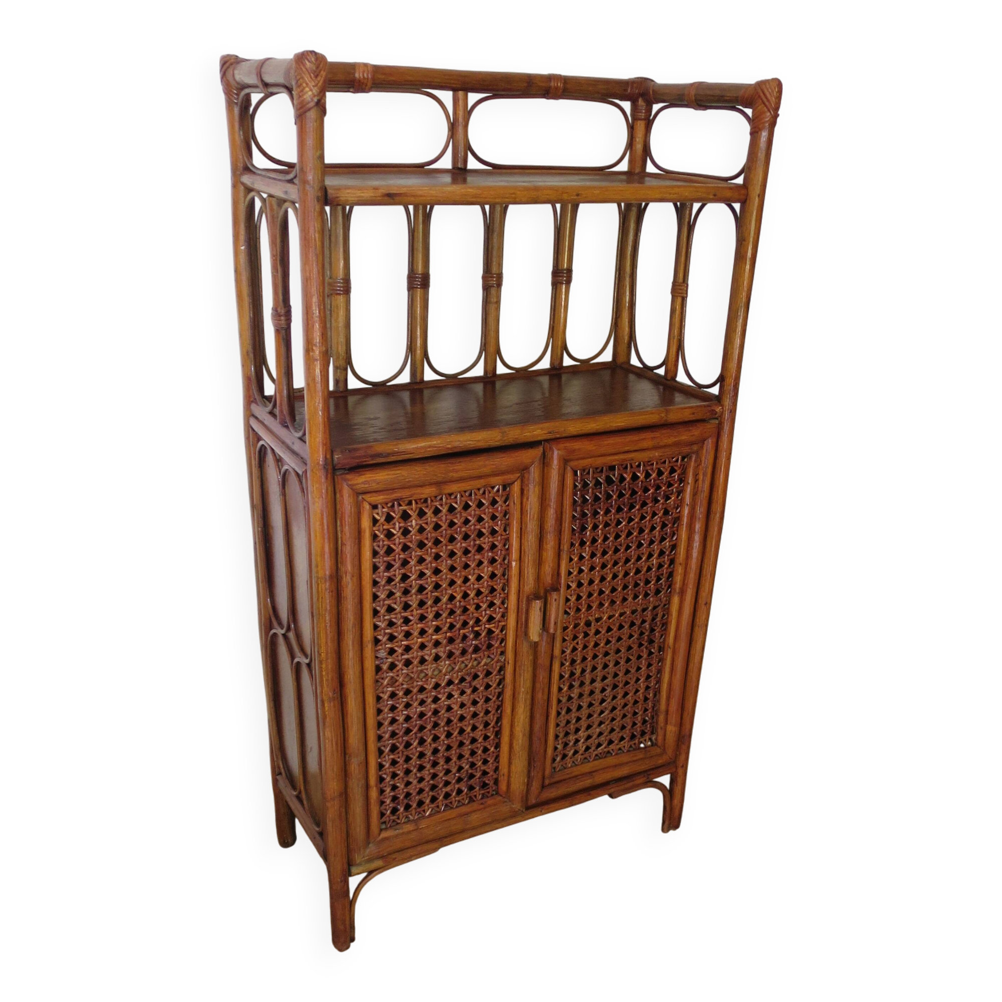 Retro-modernist - Sideboard-bookcase-2 doors-wood-rattan-cane-1960s