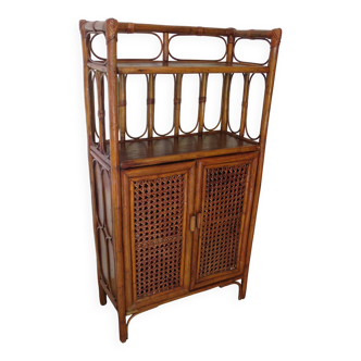 Retro-moderniste -Buffet-bibliothèque-2 portes-bois-rotin-cannage-Années 60