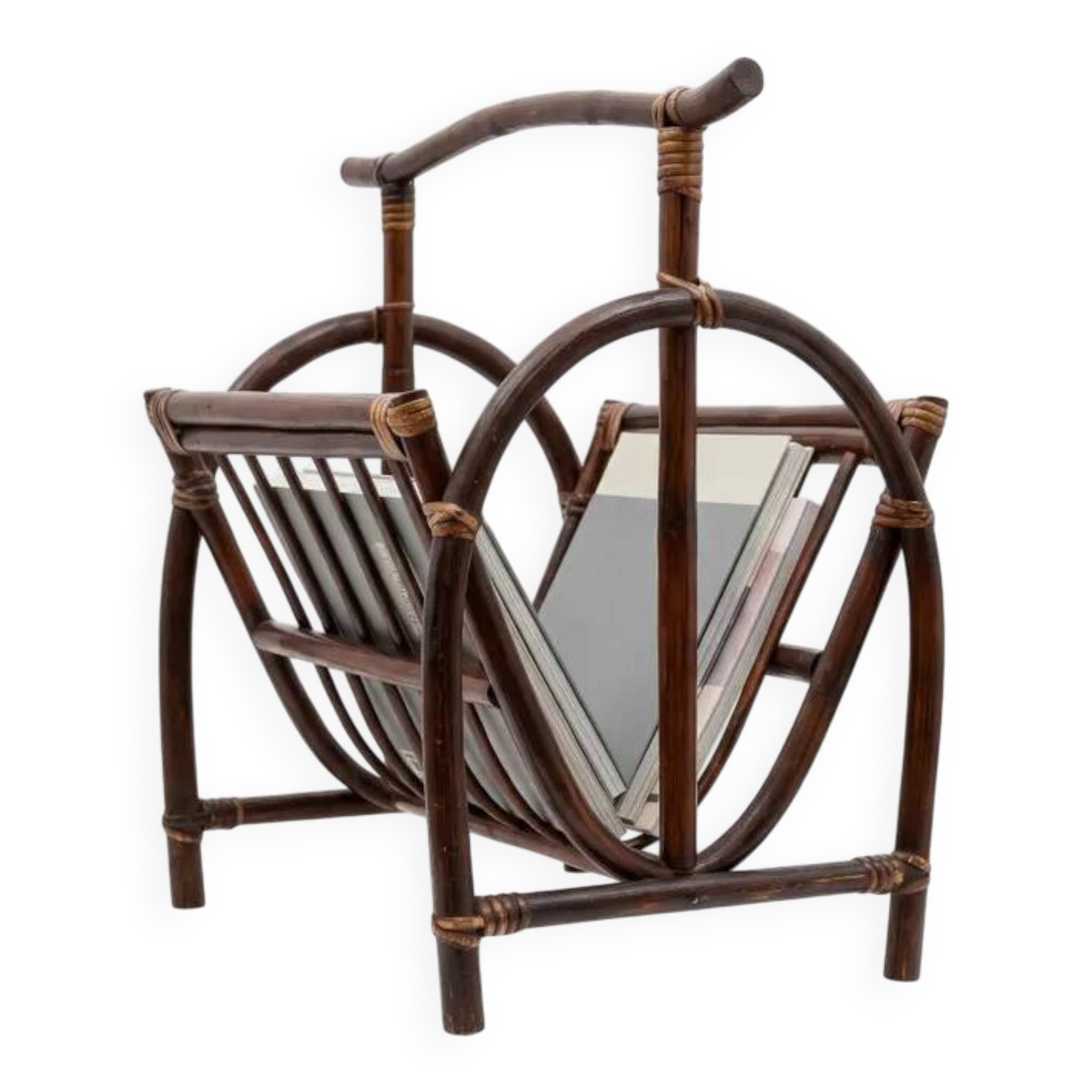 Curved rattan and bamboo magazine rack - French work, circa 1970