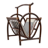 Curved rattan and bamboo magazine rack - French work, circa 1970