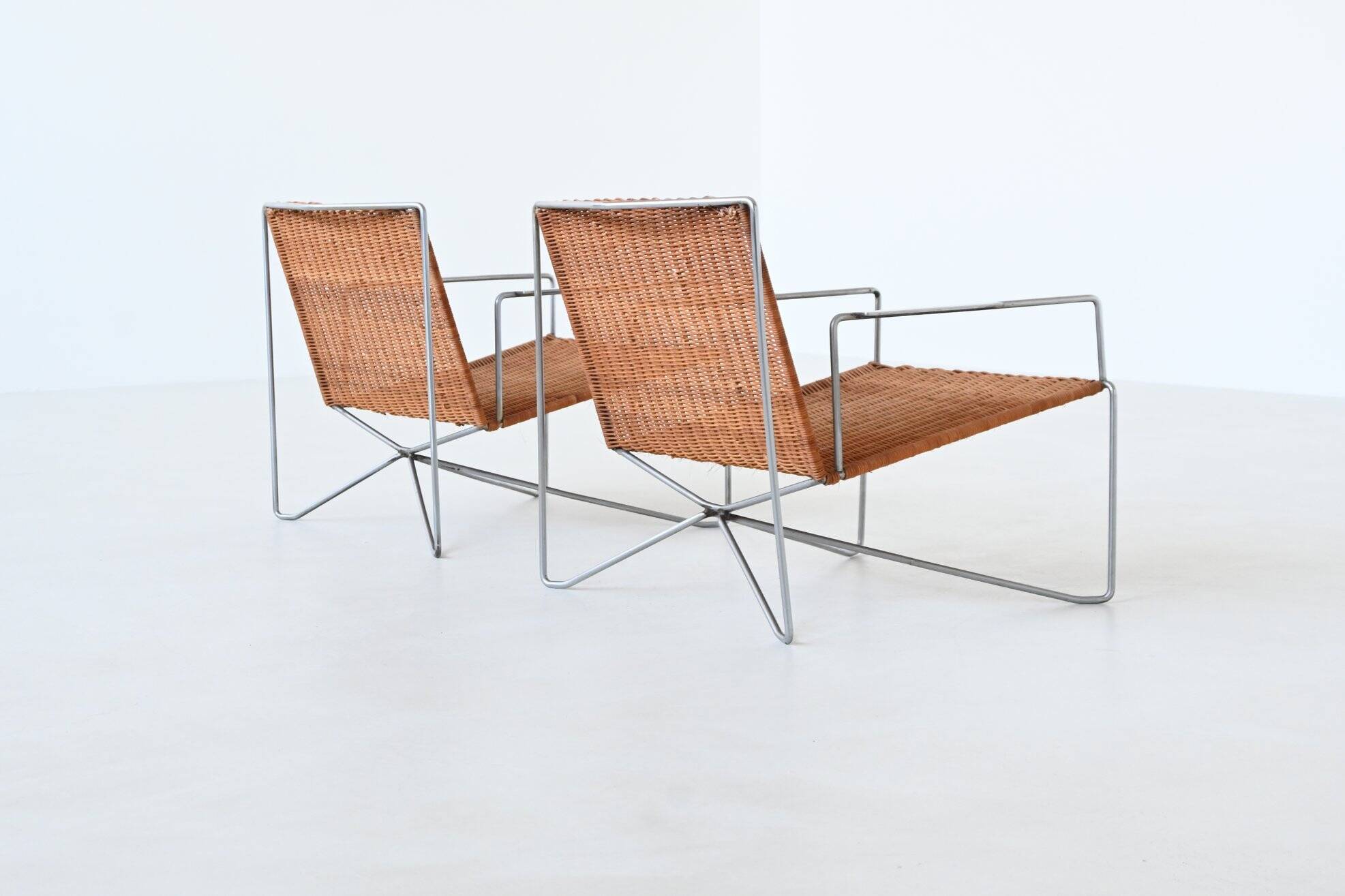 Pair of lounge chairs steel and rattan Gelderland The Netherlands 1964