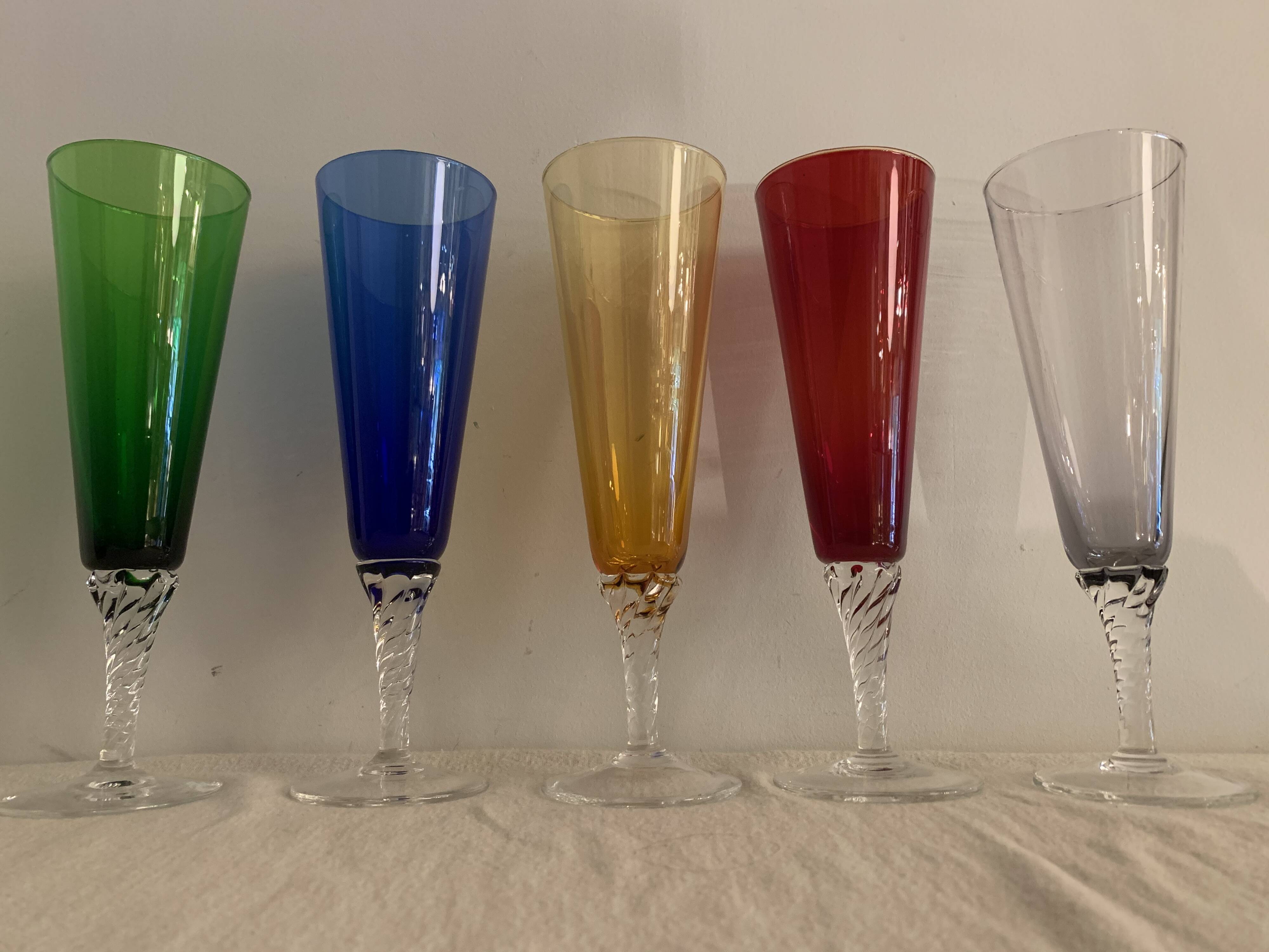 5 colorful champagne flutes in Murano 1970 glass