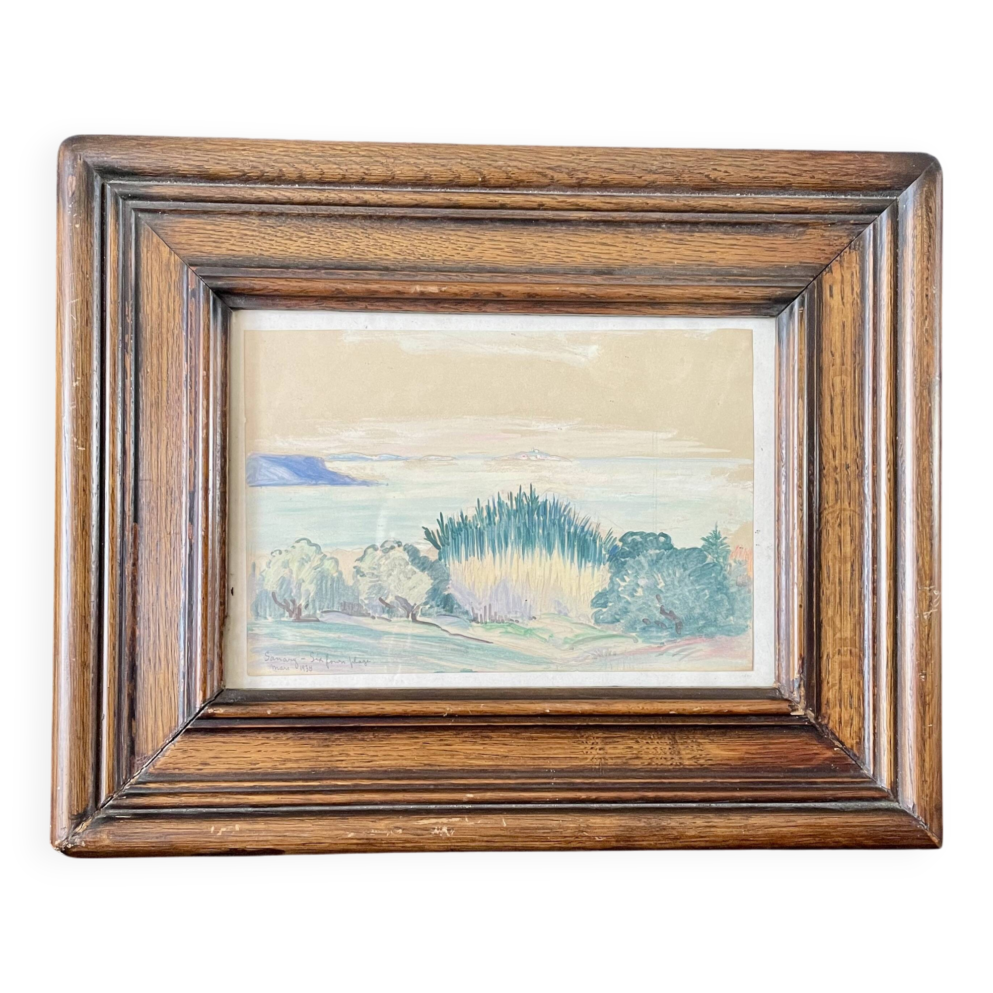 Paysage provençal aquarelle cadre en bois massif 1938