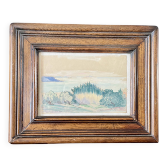 Paysage provençal aquarelle cadre en bois massif 1938