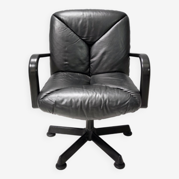 Postmodern Black Leather Office Chair by Vico Magistretti for ICF Design, 1978