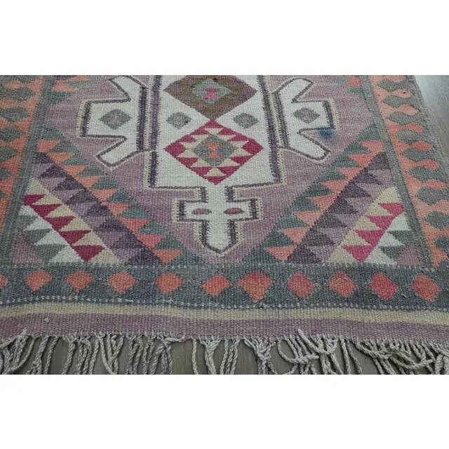 1970s Vintage Turkish Oushak Handmade Wool Cotton Purple Runner Rug 97x385